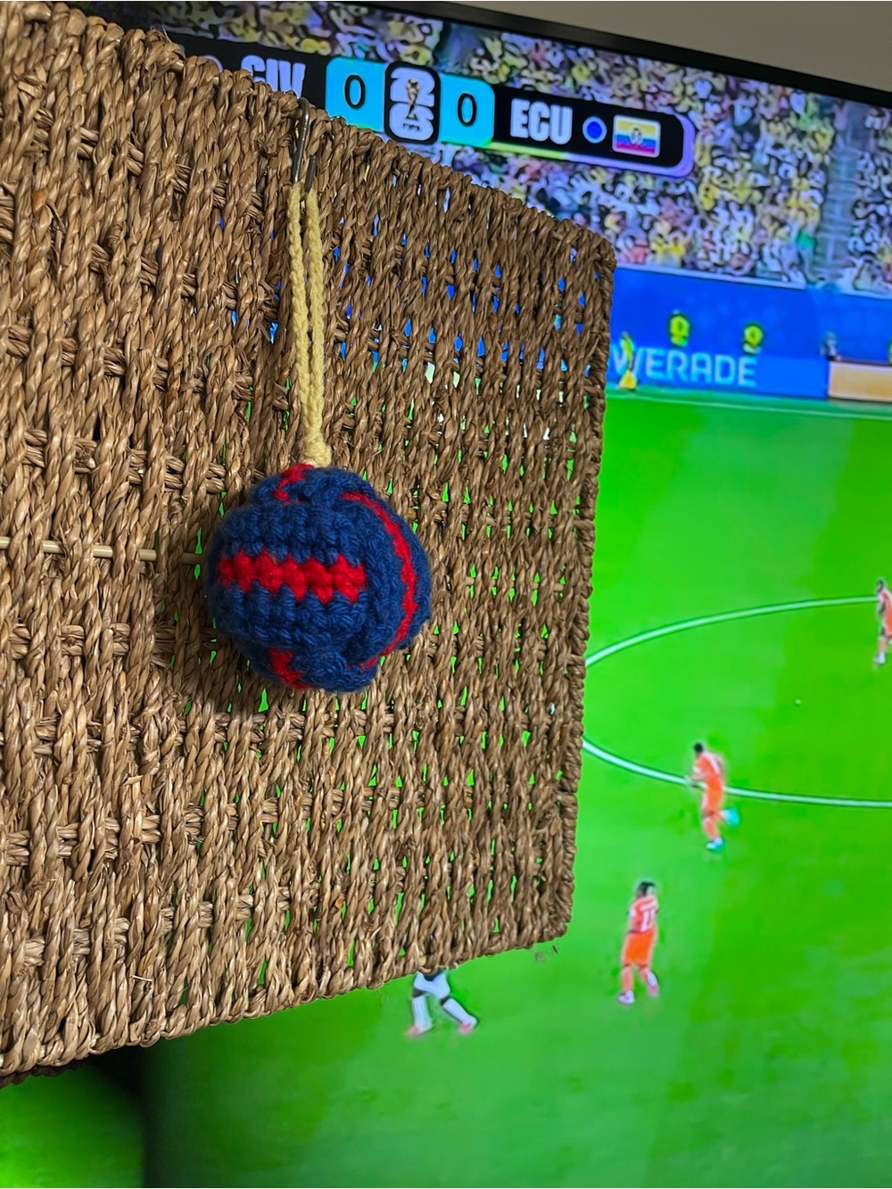 World Cup Handmade Blue & Red Knit  Toy soccer Ball….Ecuador